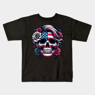 Patriotic Skull Flowers Bloom Independence Day USA American Flag Skull Face Roses Kids T-Shirt